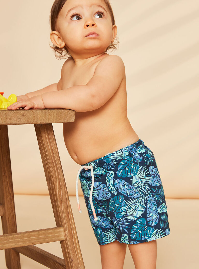 Navy blue and green leaf print swim shorts FISAM / 23E4BGM2MAI070