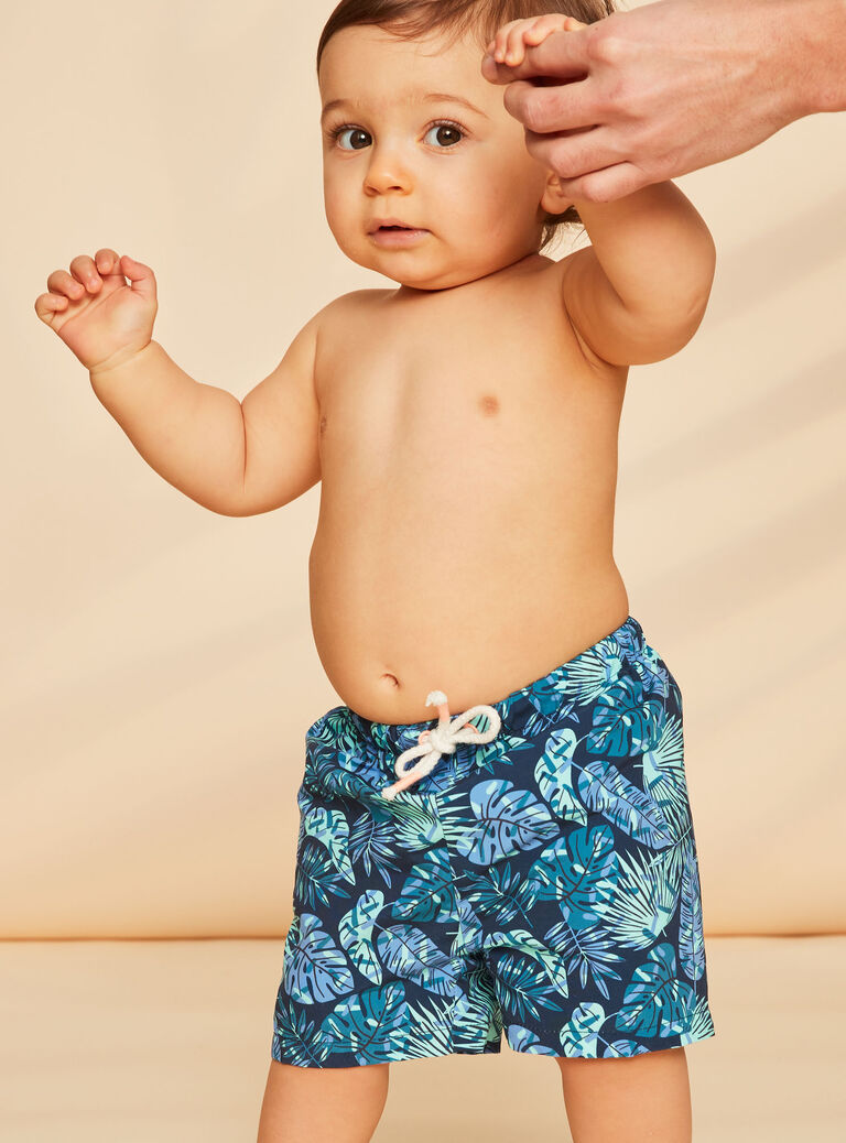 Navy blue and green leaf print swim shorts FISAM / 23E4BGM2MAI070
