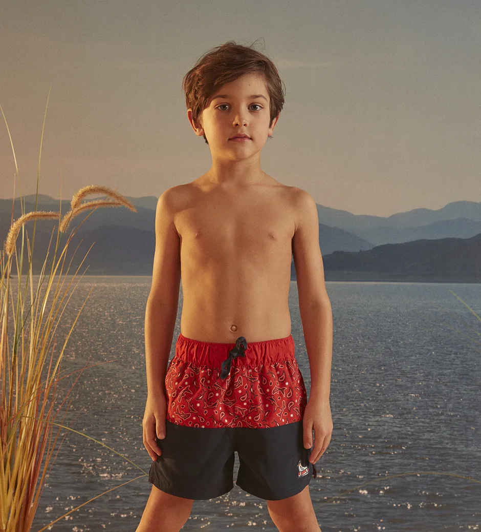 Sergent Major - Orange swim shorts with shark print